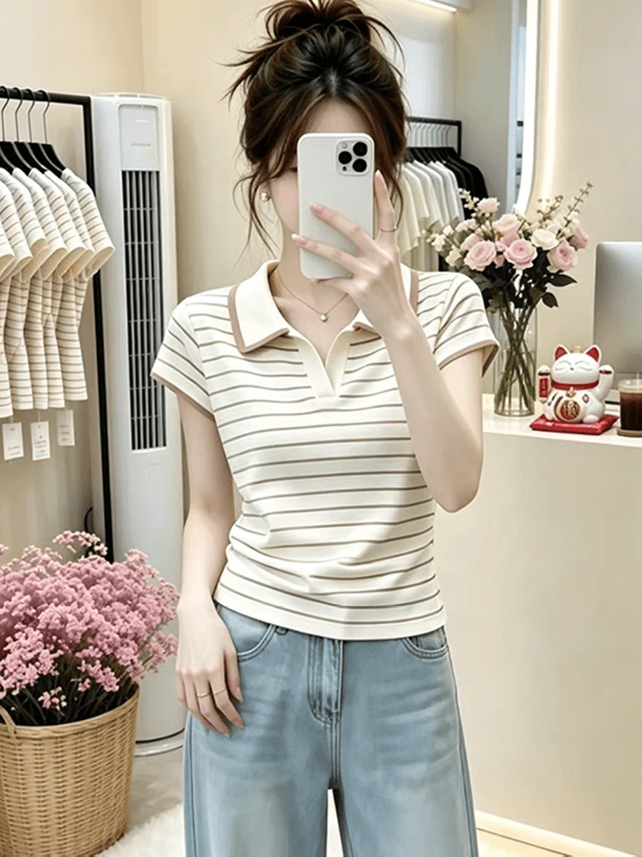 베이지 색 POLO 칼라 티셔츠 여성 2026 여름 몸매 가꾸기 반팔 스트라이프 여름 착용 가져 가라. 아니요 명중 섹션 빛 요리 한 바람 맨위 상세 이미지 2