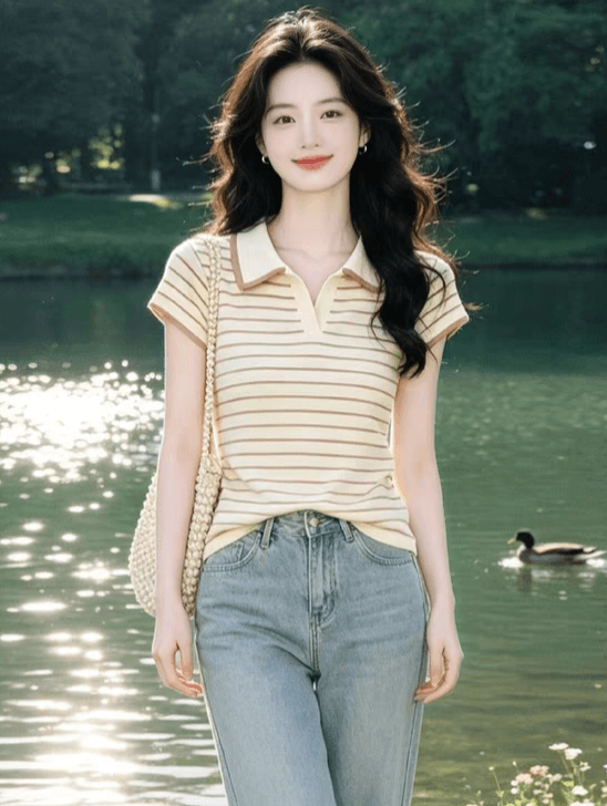베이지 색 POLO 칼라 티셔츠 여성 2026 여름 몸매 가꾸기 반팔 스트라이프 여름 착용 가져 가라. 아니요 명중 섹션 빛 요리 한 바람 맨위 상세 이미지 3