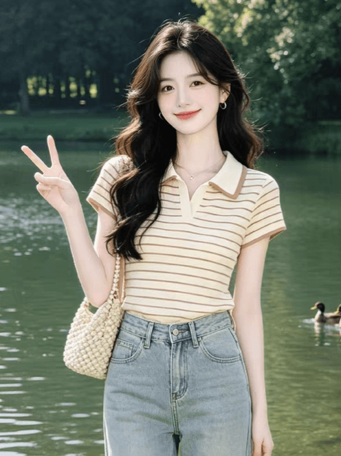 베이지 색 POLO 칼라 티셔츠 여성 2026 여름 몸매 가꾸기 반팔 스트라이프 여름 착용 가져 가라. 아니요 명중 섹션 빛 요리 한 바람 맨위 상세 이미지 4