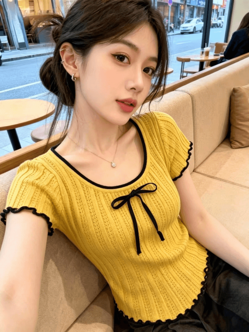 보존 섹션 추천 한 부서 배색 나비 넥타이 니트 반팔 여성 여름 새로운 다용도 연령 감소 맨위 상세 이미지 5