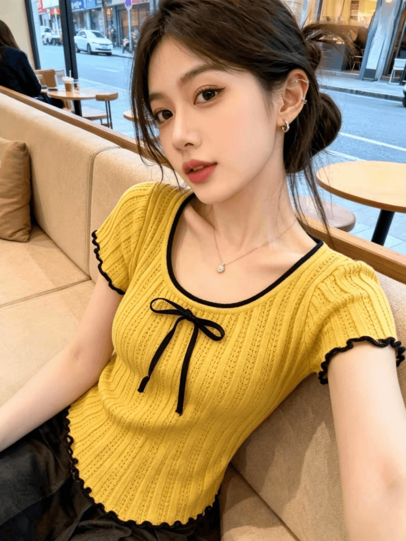 보존 섹션 추천 한 부서 배색 나비 넥타이 니트 반팔 여성 여름 새로운 다용도 연령 감소 맨위 상세 이미지 6