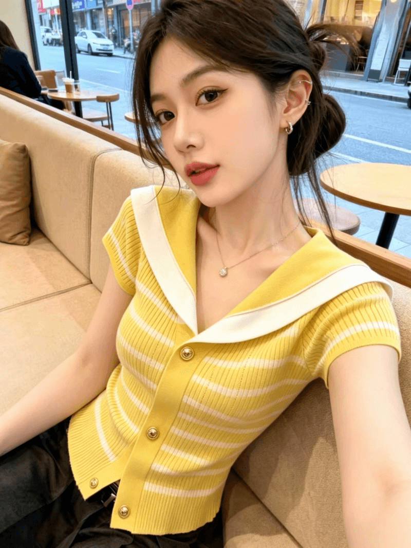 보존 섹션 추천 학원 스타일 배색 스트라이프 해군 칼라 니트 스웨터 여성 여름 새로운 품격 연령 감소 맨위 이미지 3