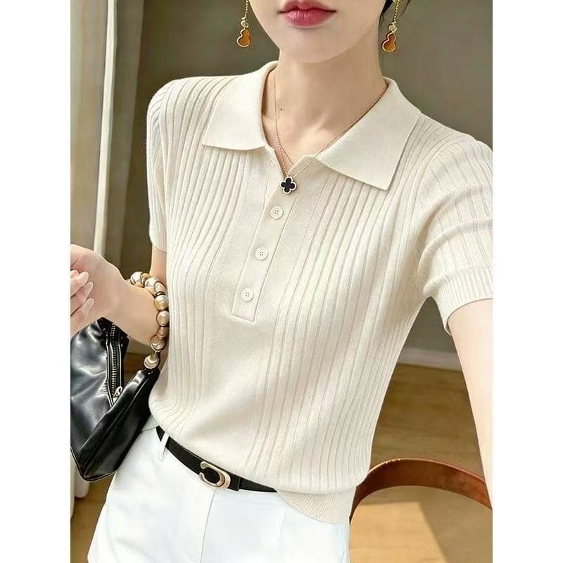 여름 새로운 POLO 칼라 니트 반팔 티셔츠 품격 슬림해 보이는 오래된 돈 바람 니트 스웨터 기본 셔츠 상세 이미지 2