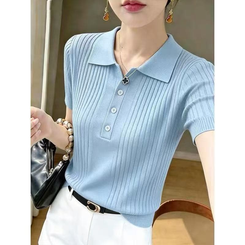 여름 새로운 POLO 칼라 니트 반팔 티셔츠 품격 슬림해 보이는 오래된 돈 바람 니트 스웨터 기본 셔츠 상세 이미지 4