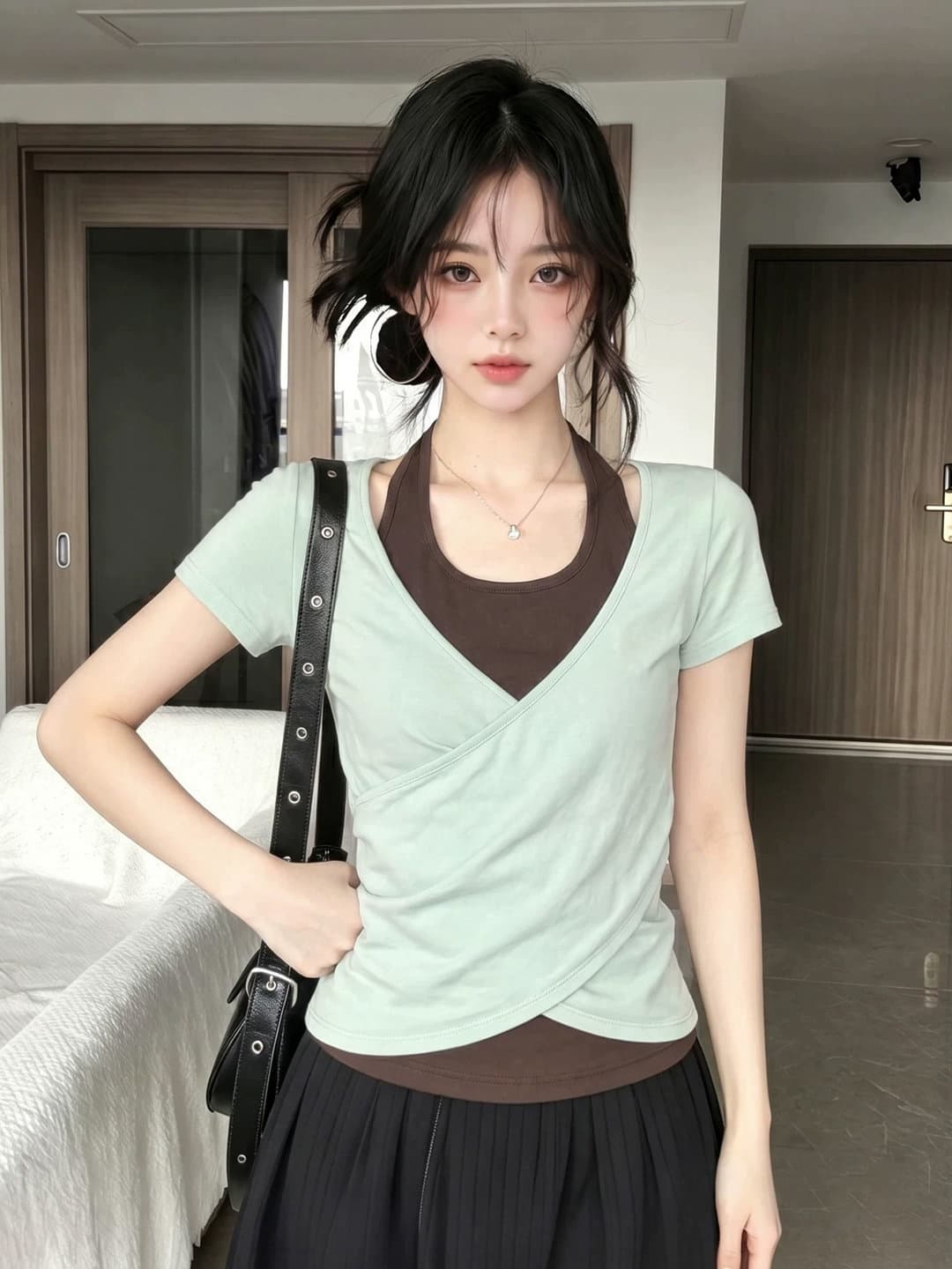한 부서 페이크 레이어드 행침 목 반팔 티셔츠 여성 여름 디자인 센스 십자가 비틀림 몸매 가꾸기 작은 맨위 상세 이미지 4