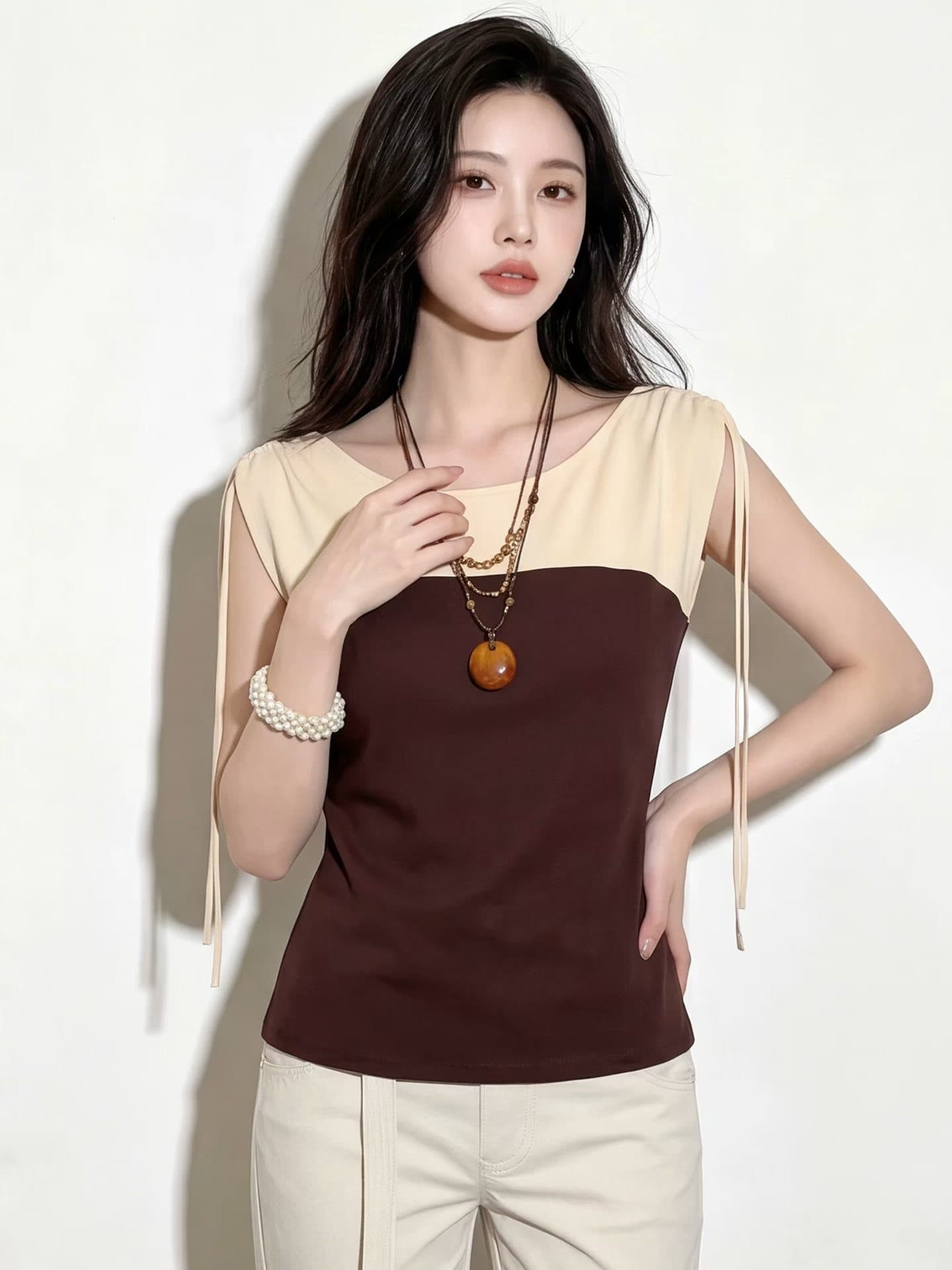 2026 여름 한 첨부 된 새로운 부드러운 배색 몸매 가꾸기 나가라. 맨위 니트 스웨터 다용도 티셔츠 여성 라이 경기 서울 주간 실크