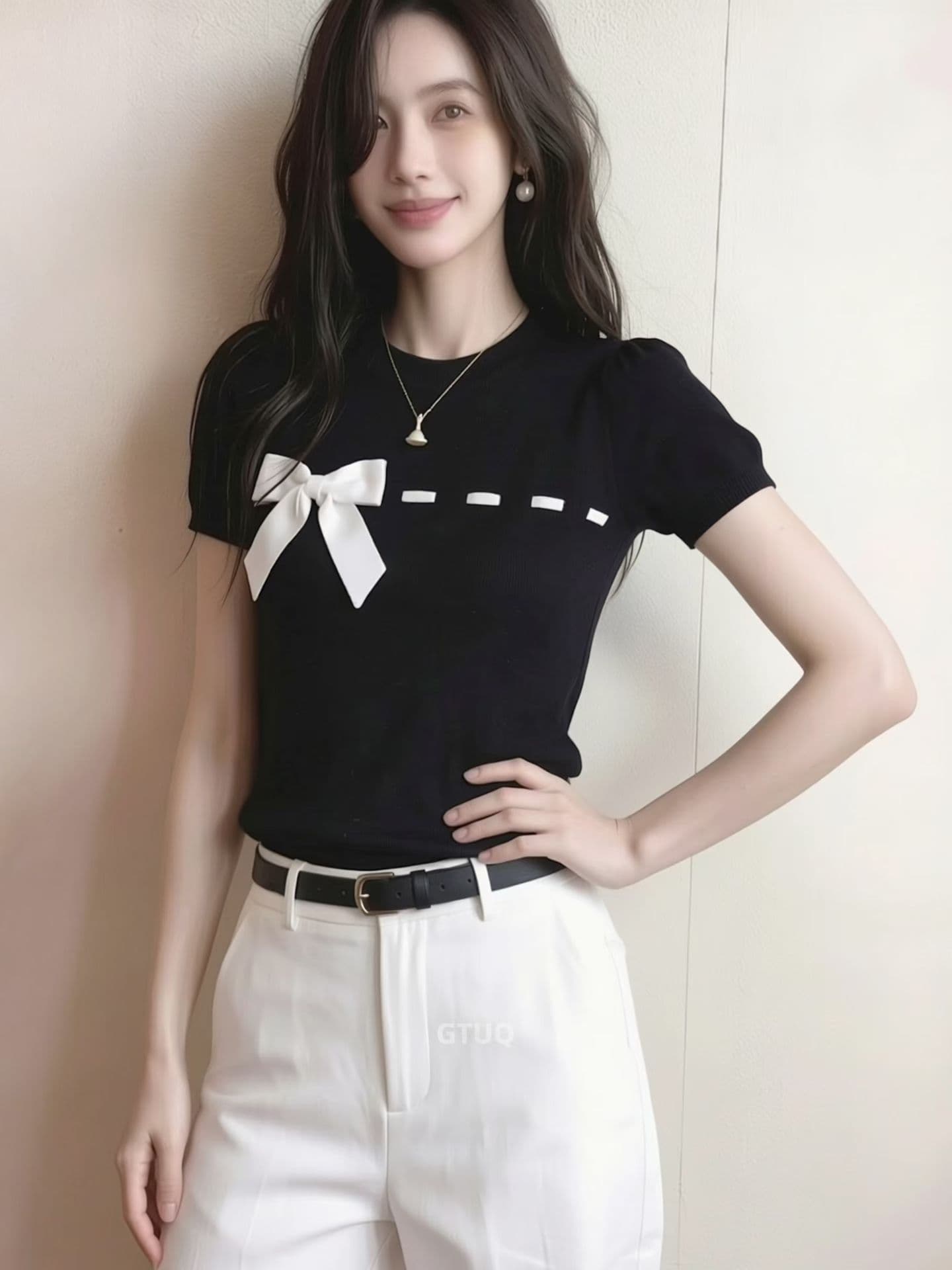 검정색 나비 매듭 반하이넥 반팔 티셔츠 여성 여름 2026 새로운 고급 사소한 작은 맨위 한 부서 착용 가져 가라. 상세 이미지 6