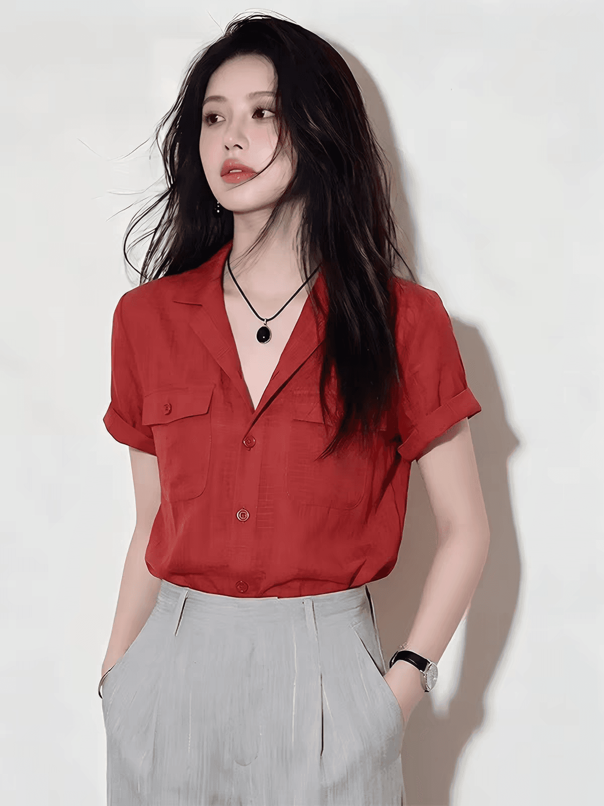프랑스식 느긋한 바람 빨간색 폴로 칼라 반팔 여성 셔츠 여름 루즈핏 편안함 외국 가스 디자인 센스 작은 대중 맨위 트렌디 상세 이미지 2
