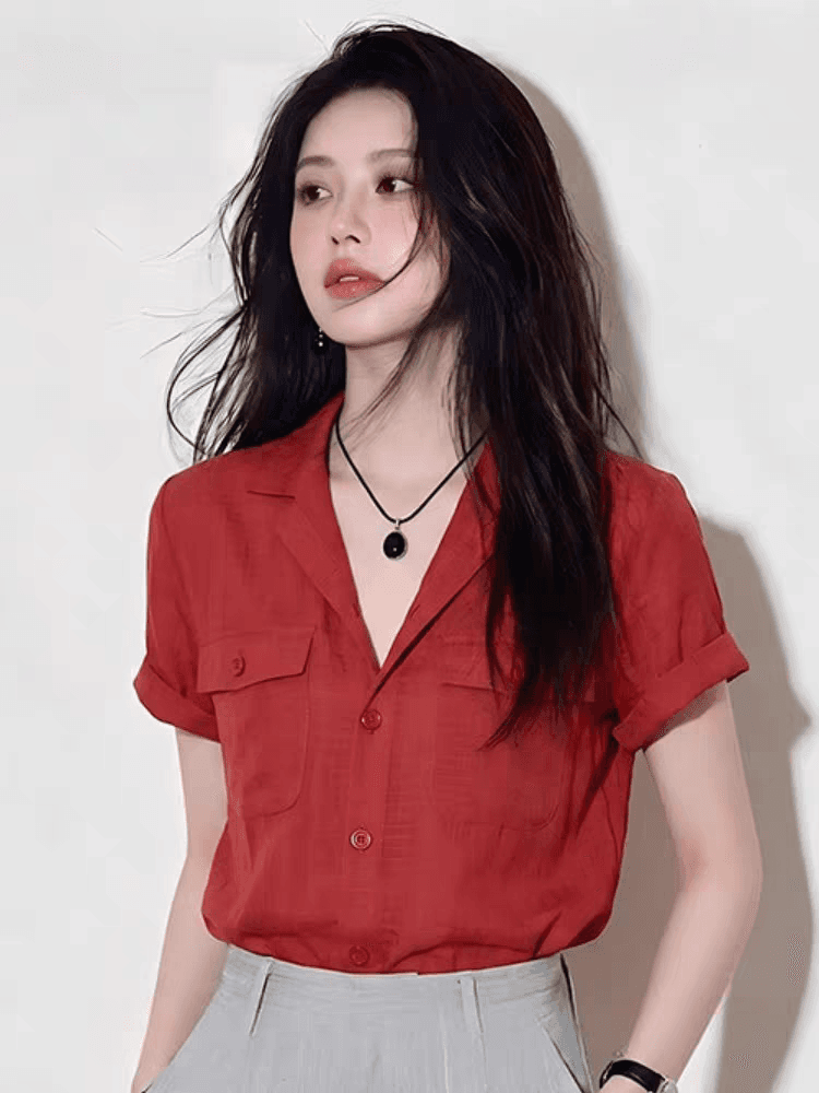 프랑스식 느긋한 바람 빨간색 폴로 칼라 반팔 여성 셔츠 여름 루즈핏 편안함 외국 가스 디자인 센스 작은 대중 맨위 트렌디 상세 이미지 3
