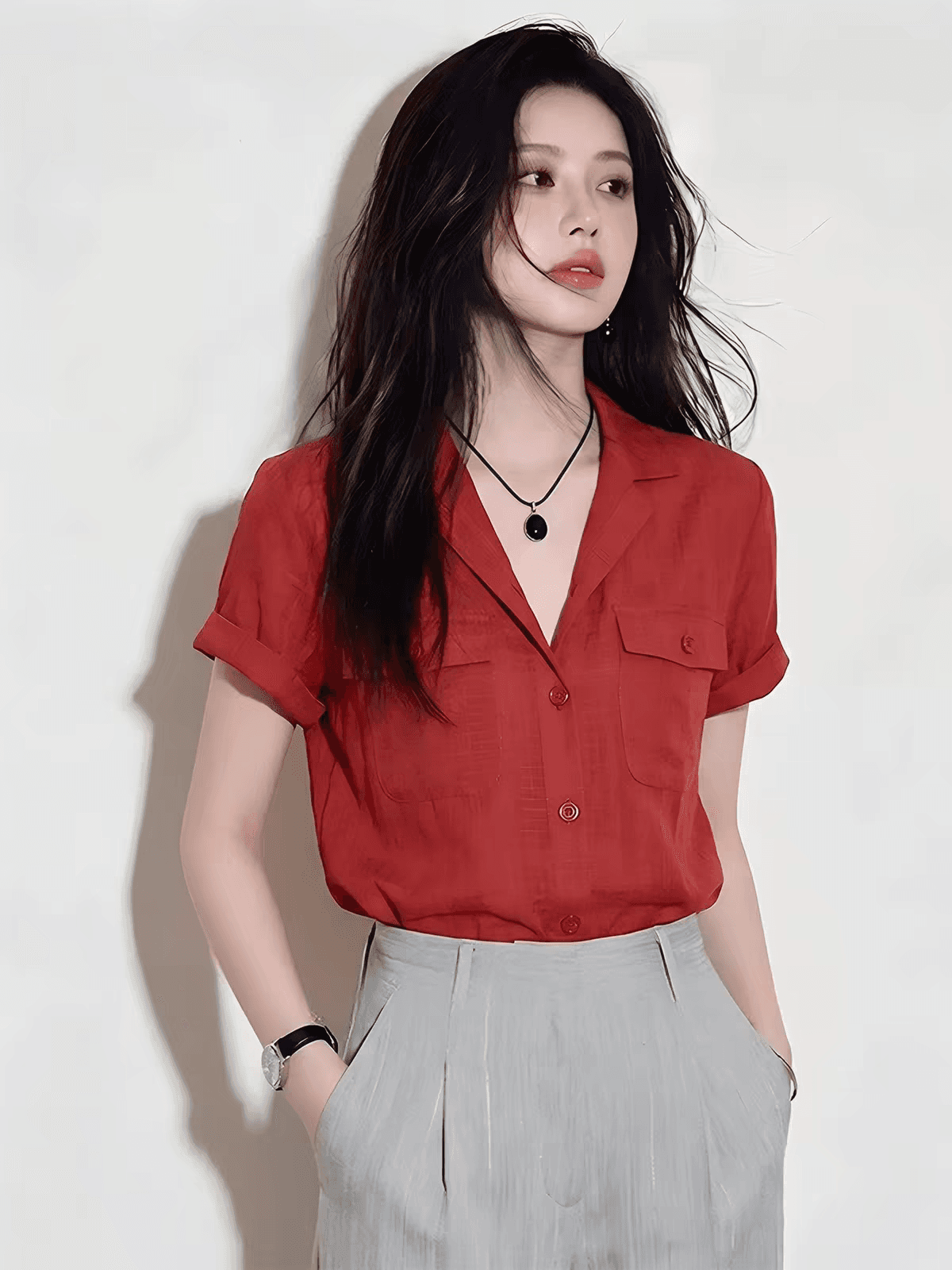 프랑스식 느긋한 바람 빨간색 폴로 칼라 반팔 여성 셔츠 여름 루즈핏 편안함 외국 가스 디자인 센스 작은 대중 맨위 트렌디 상세 이미지 4