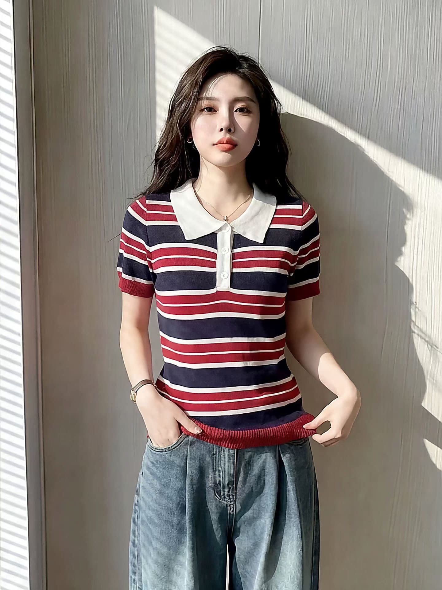 아메리칸 레트로 배색 스트라이프 POLO 칼라 니트 반팔 티셔츠 여성 여름 Chic 아름다운 몸매 가꾸기 슬림해 보이는 맨위 이미지 4