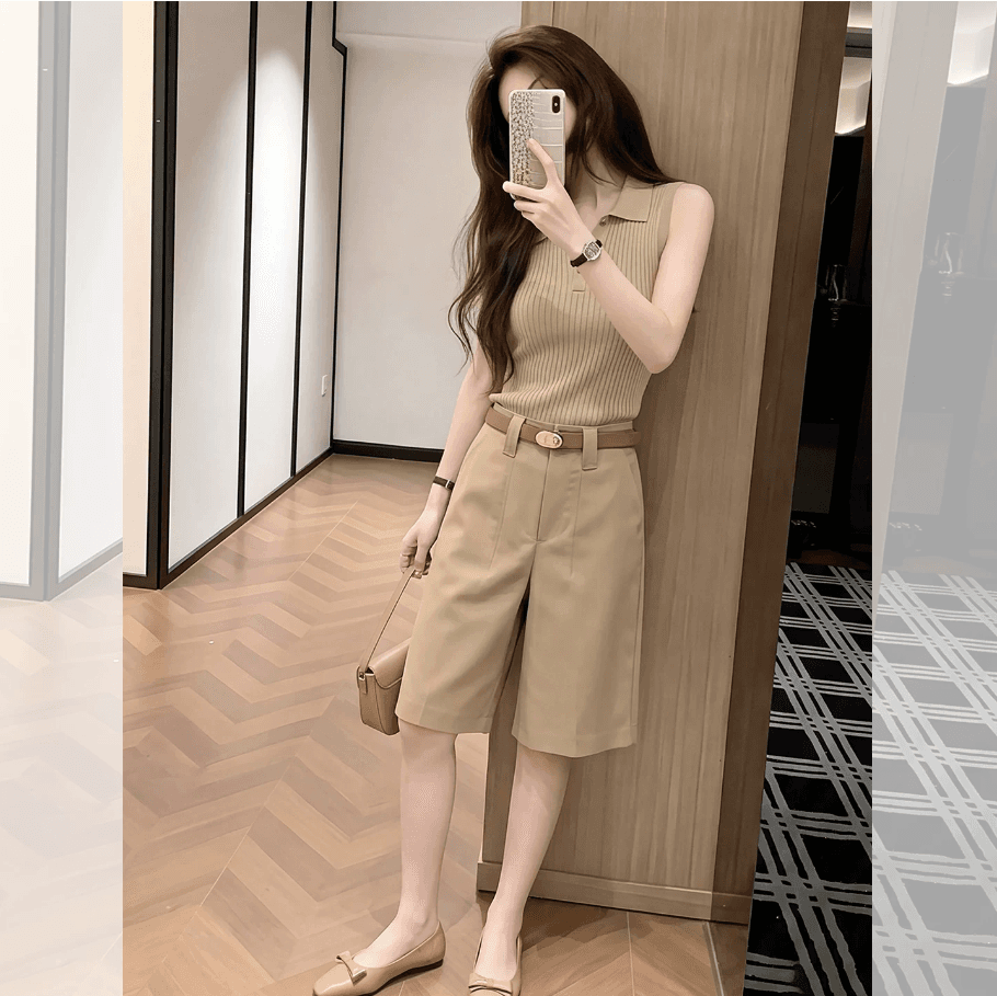 자이언트 잘 생긴 ~ 중 착용 가져 가라. 전체 집합 여름 여성 카키 색 폴로 칼라 민소매 맨위 캐주얼 스트레이트 팬츠 투피스 슈트 상세 이미지 7