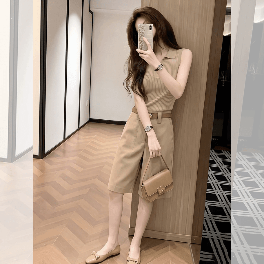 자이언트 잘 생긴 ~ 중 착용 가져 가라. 전체 집합 여름 여성 카키 색 폴로 칼라 민소매 맨위 캐주얼 스트레이트 팬츠 투피스 슈트 상세 이미지 8