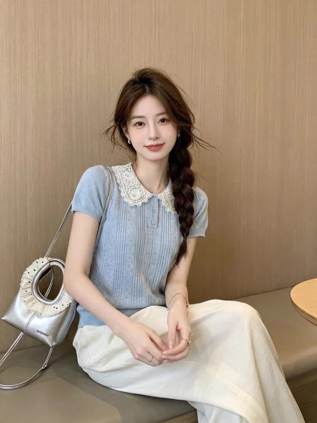 달콤한 스타일 파란색 니트 반팔 여성 티셔츠 2026 새로운 여름 착용 가져 가라. 디자인 센스 프랑스식 아름다운 작은 맨위 상세 이미지 2