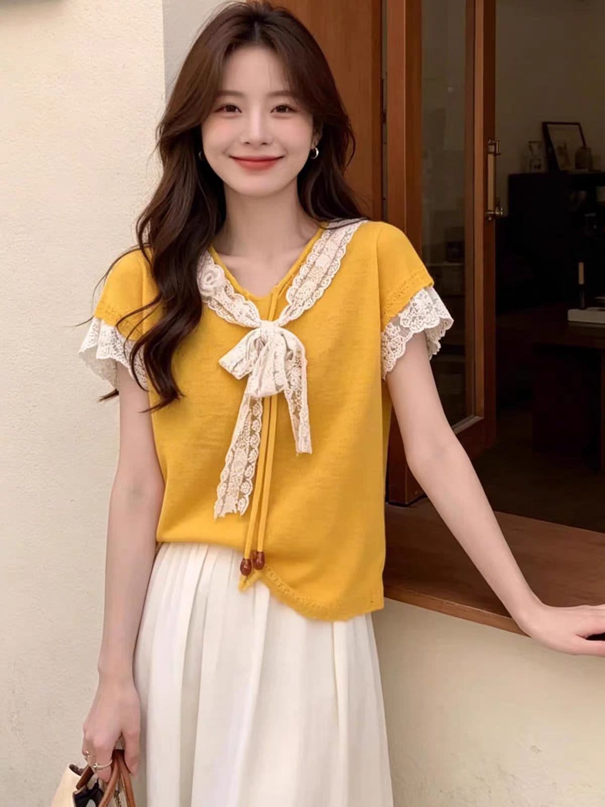 여름 고유 한 Chic 디자인 센스 슬림해 보이는 베이비 칼라 홀로우 아웃 니트 반팔 루즈핏 다용도 품격 연령 감소 맨위 이미지 2