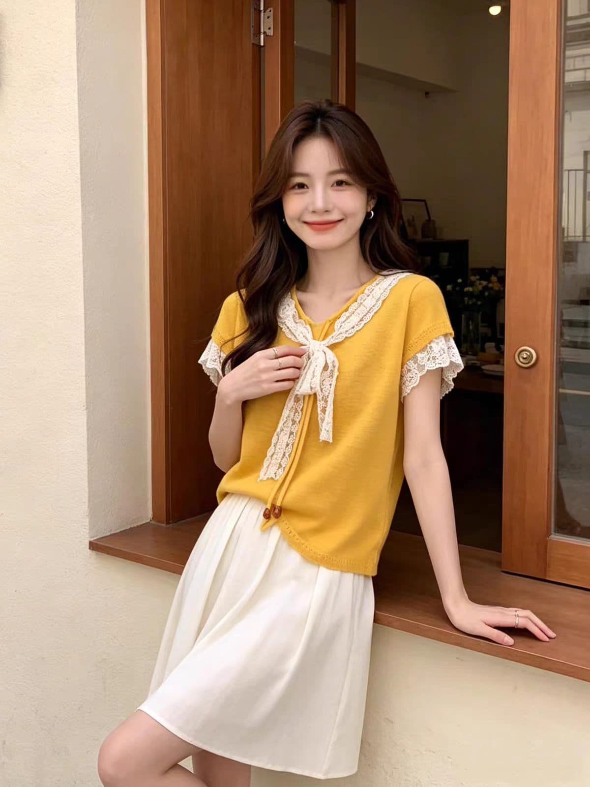 여름 고유 한 Chic 디자인 센스 슬림해 보이는 베이비 칼라 홀로우 아웃 니트 반팔 루즈핏 다용도 품격 연령 감소 맨위 이미지 4