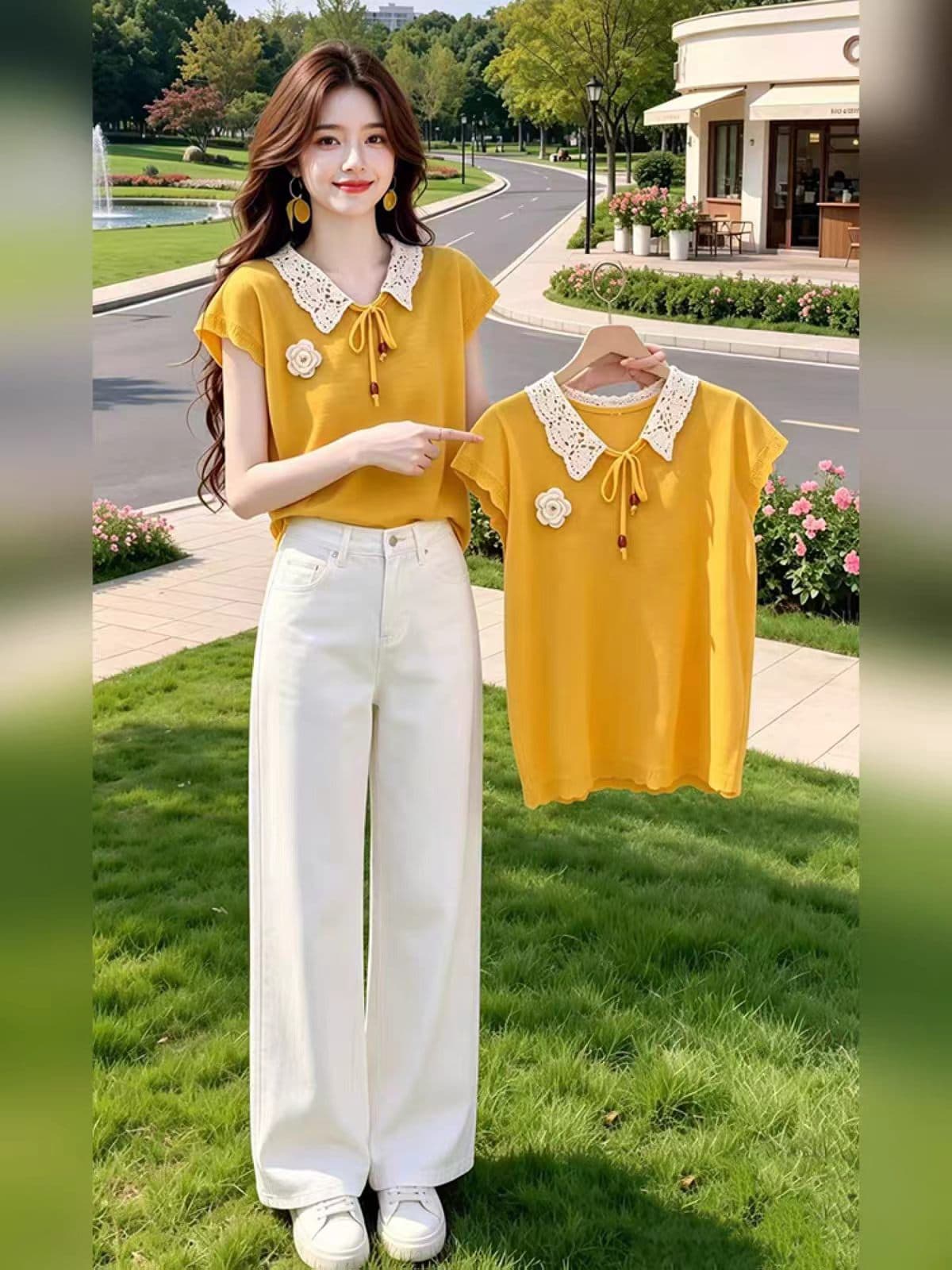 여름 고유 한 Chic 디자인 센스 슬림해 보이는 베이비 칼라 홀로우 아웃 니트 반팔 루즈핏 다용도 품격 연령 감소 맨위 상세 이미지 1