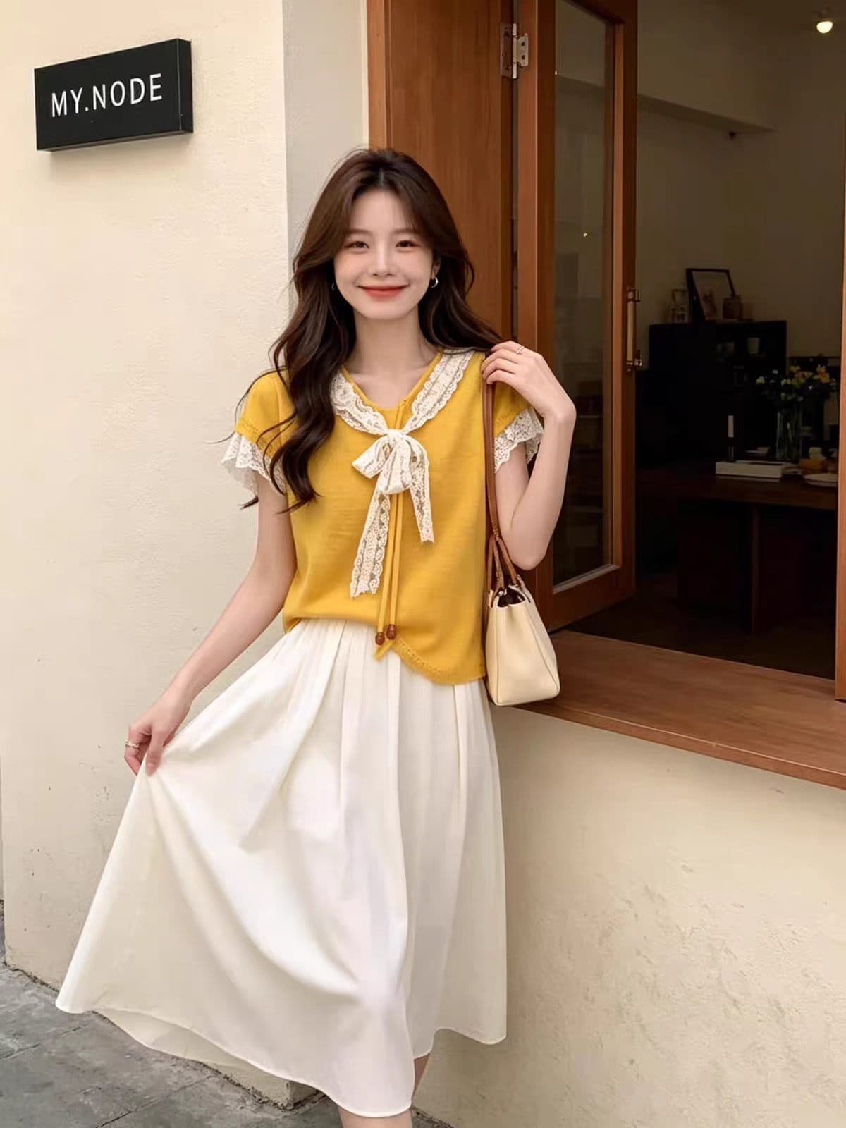여름 고유 한 Chic 디자인 센스 슬림해 보이는 베이비 칼라 홀로우 아웃 니트 반팔 루즈핏 다용도 품격 연령 감소 맨위 상세 이미지 4