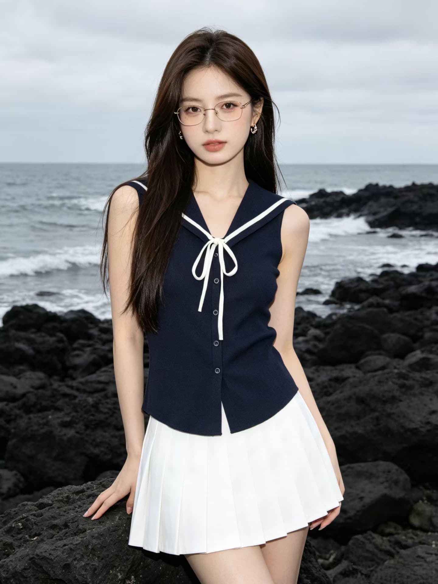 여름 2026 새로운 학원 스타일 배색 레이스업 해군 칼라 민소매 얼음 실크 니트 조끼 여성 셔츠 상세 이미지 1