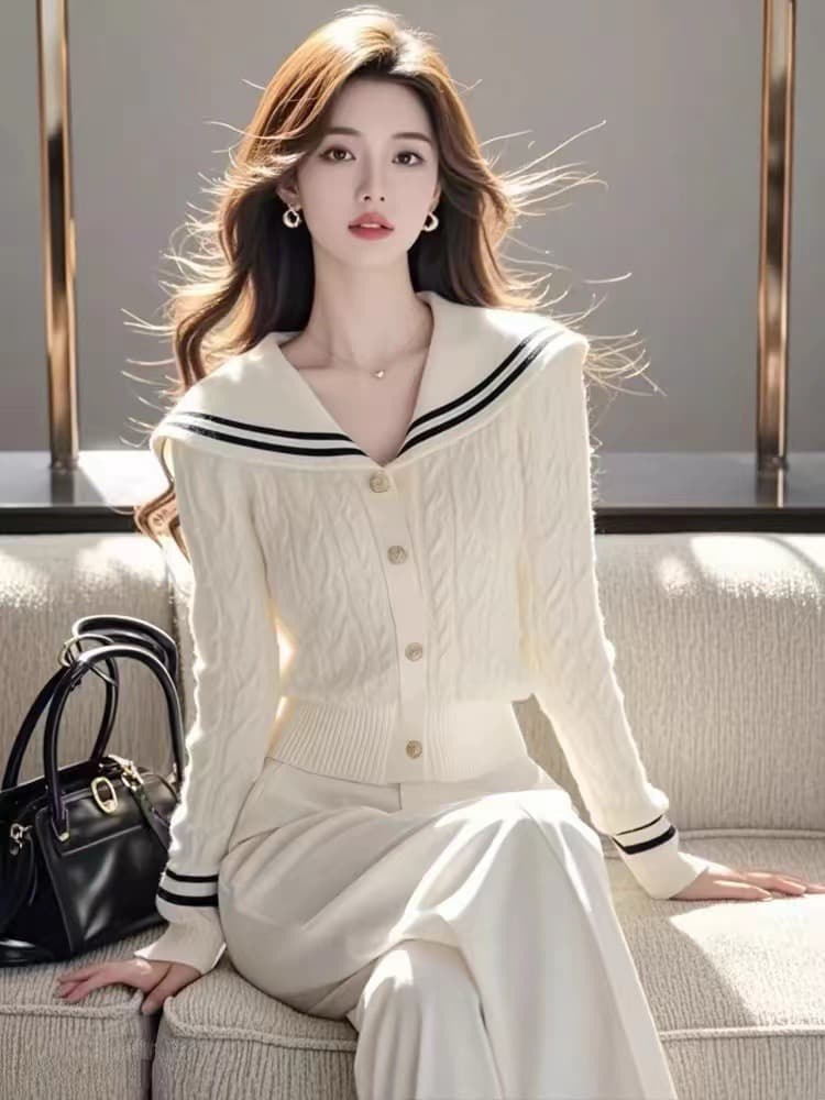 프랑스식 고급 센스 아름다운 화이트 해군 칼라 긴팔 니트 오픈 가디건 여성 가을과 겨울 다용도 출퇴근 부드러운 찹쌀 작은 셔츠 상세 이미지 4