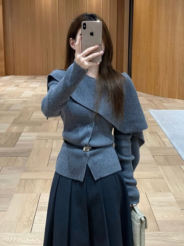 프랑스식 회색 긴팔 니트 스웨터 여성 봄 가을 몸매 가꾸기 디자인 센스 작은 대중 불규칙 고급 센스 숄 맨위
