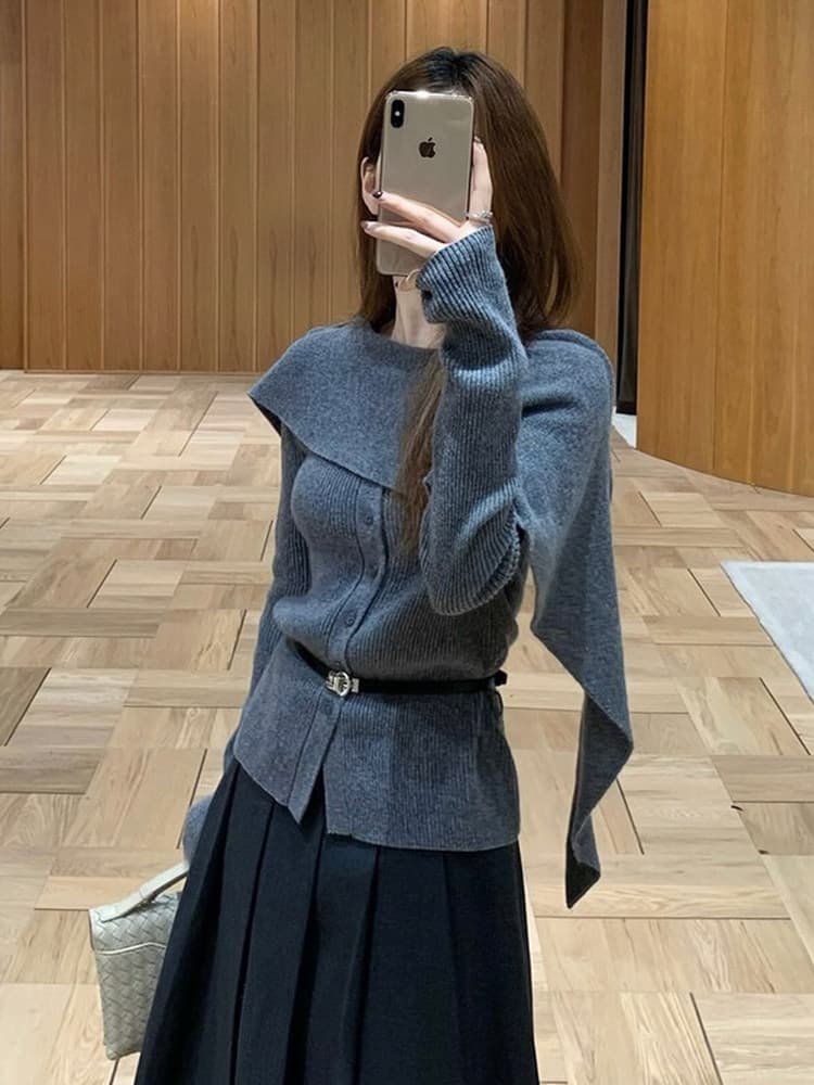 프랑스식 회색 긴팔 니트 스웨터 여성 봄 가을 몸매 가꾸기 디자인 센스 작은 대중 불규칙 고급 센스 숄 맨위 이미지 2
