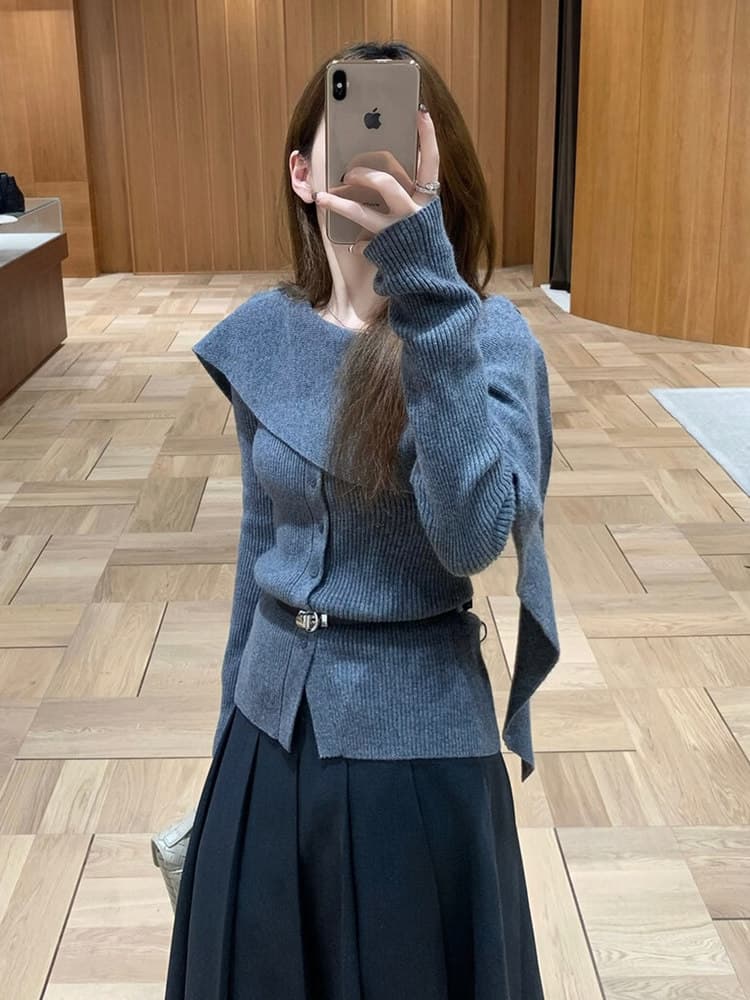 프랑스식 회색 긴팔 니트 스웨터 여성 봄 가을 몸매 가꾸기 디자인 센스 작은 대중 불규칙 고급 센스 숄 맨위 이미지 4