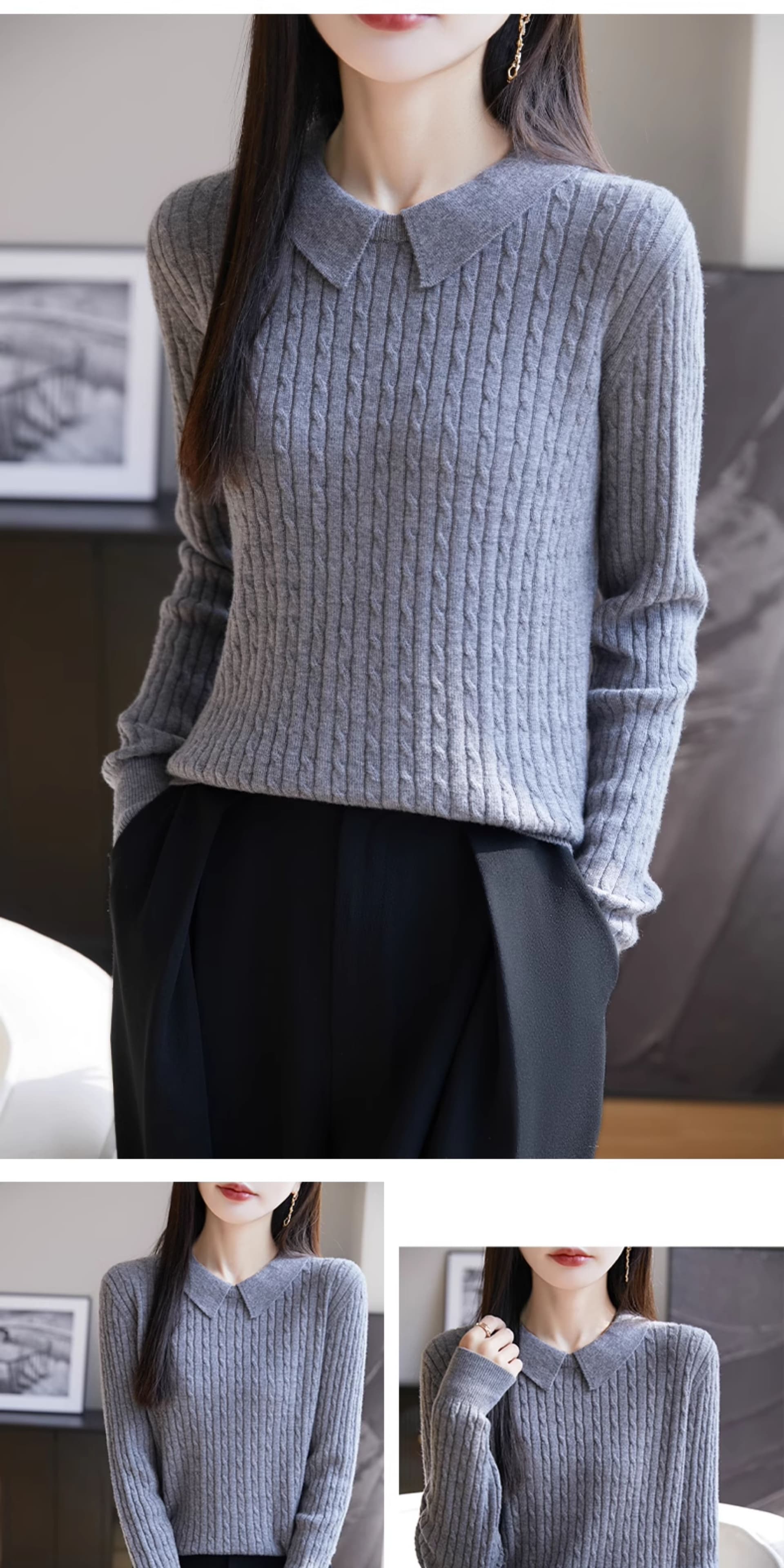 폴로 칼라 스웨터 인사이드 잡아라. 의류 트위스트 꽃 니트 스웨터 기본 셔츠 여성 가을 겨울 2026 새로운 상세 이미지 12