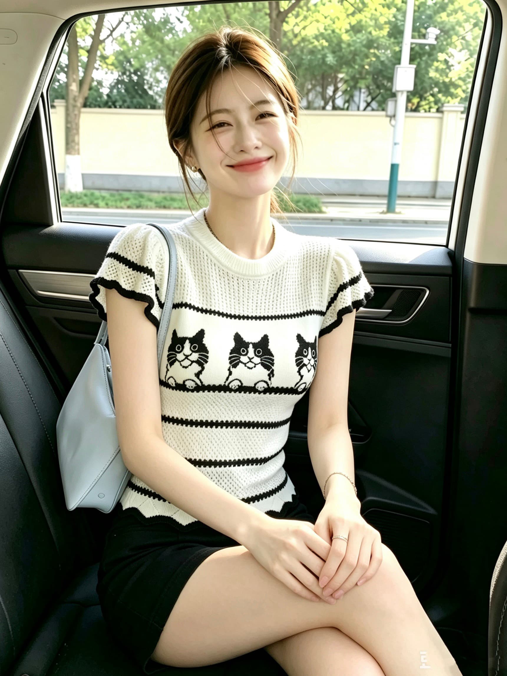 홀로우 아웃 새끼 고양이 니트 반팔 여성 여름 새로운 작은 날다 소매 스트라이프 얼음 실크 맨위 이미지 3