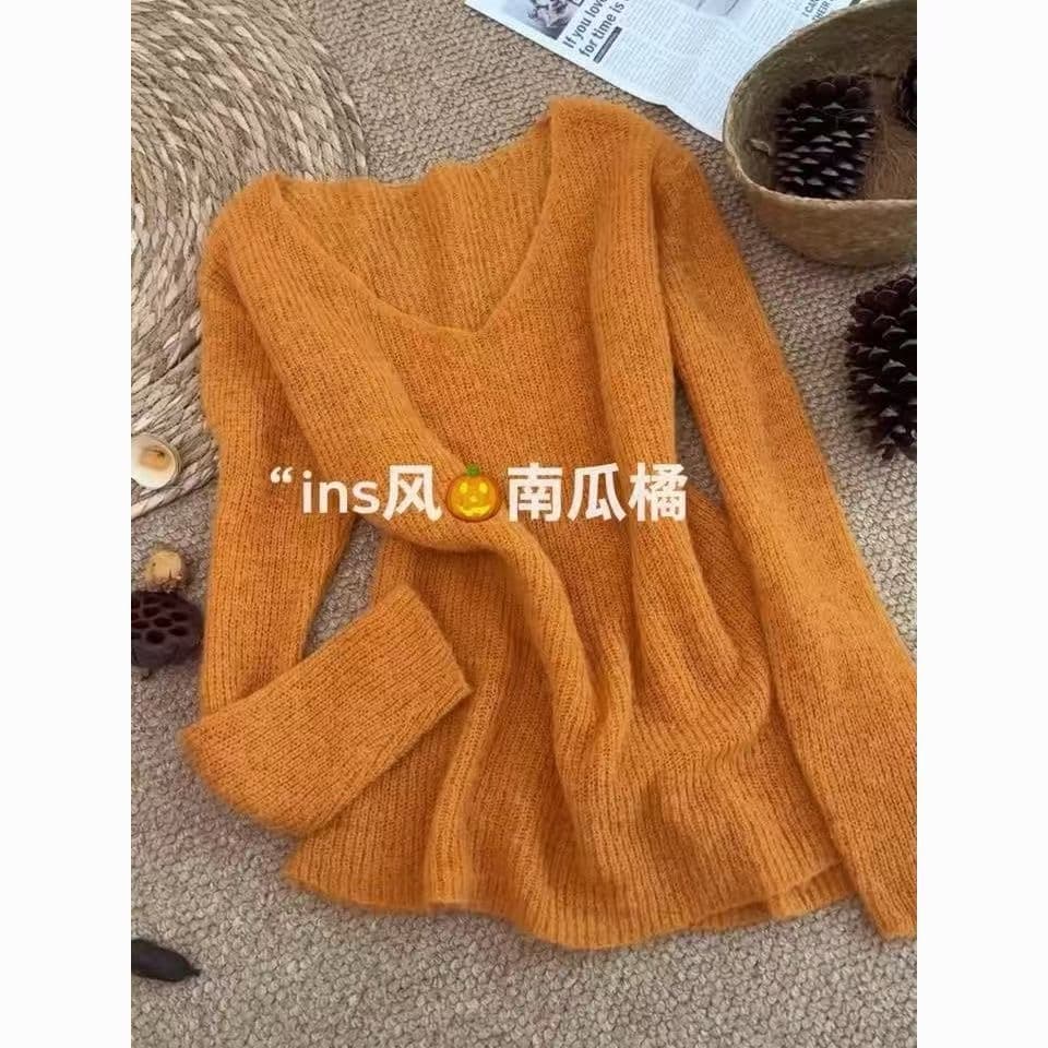 주황색 한 부서 이른 가을 착용 가져 가라. 오프숄더 중간 길이 V넥 풀오버 스웨터 여자 느긋한 고급 센스 니트 스웨터 맨위 이미지 2