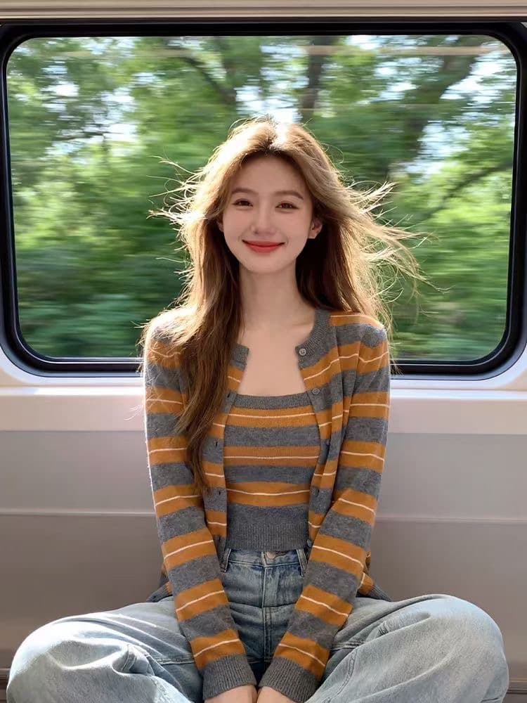 한 부서 주황색 스트라이프 스택 착용 니트 오픈 가디건 여성 조기 봄 디자인 센스 스웨터 코트 외부 가져 가라. 두 조각 스타일 맨위 상세 이미지 1