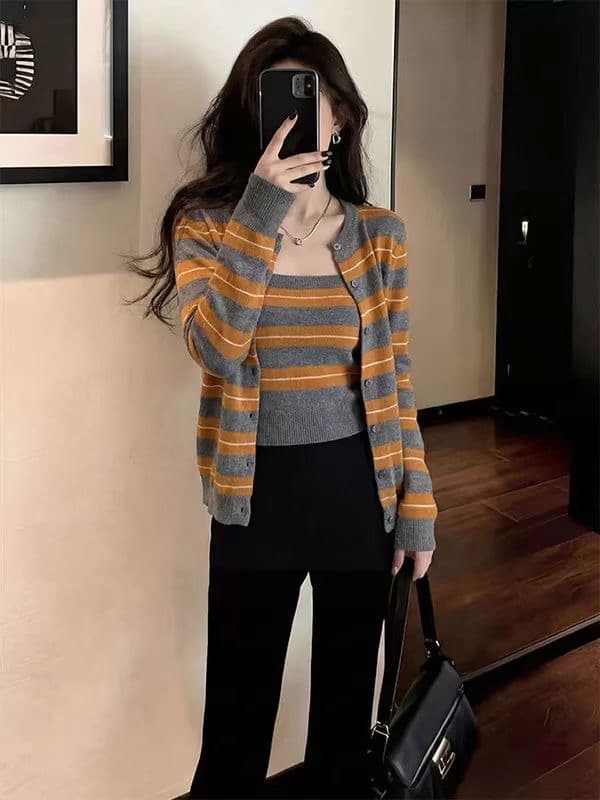 한 부서 주황색 스트라이프 스택 착용 니트 오픈 가디건 여성 조기 봄 디자인 센스 스웨터 코트 외부 가져 가라. 두 조각 스타일 맨위 상세 이미지 4