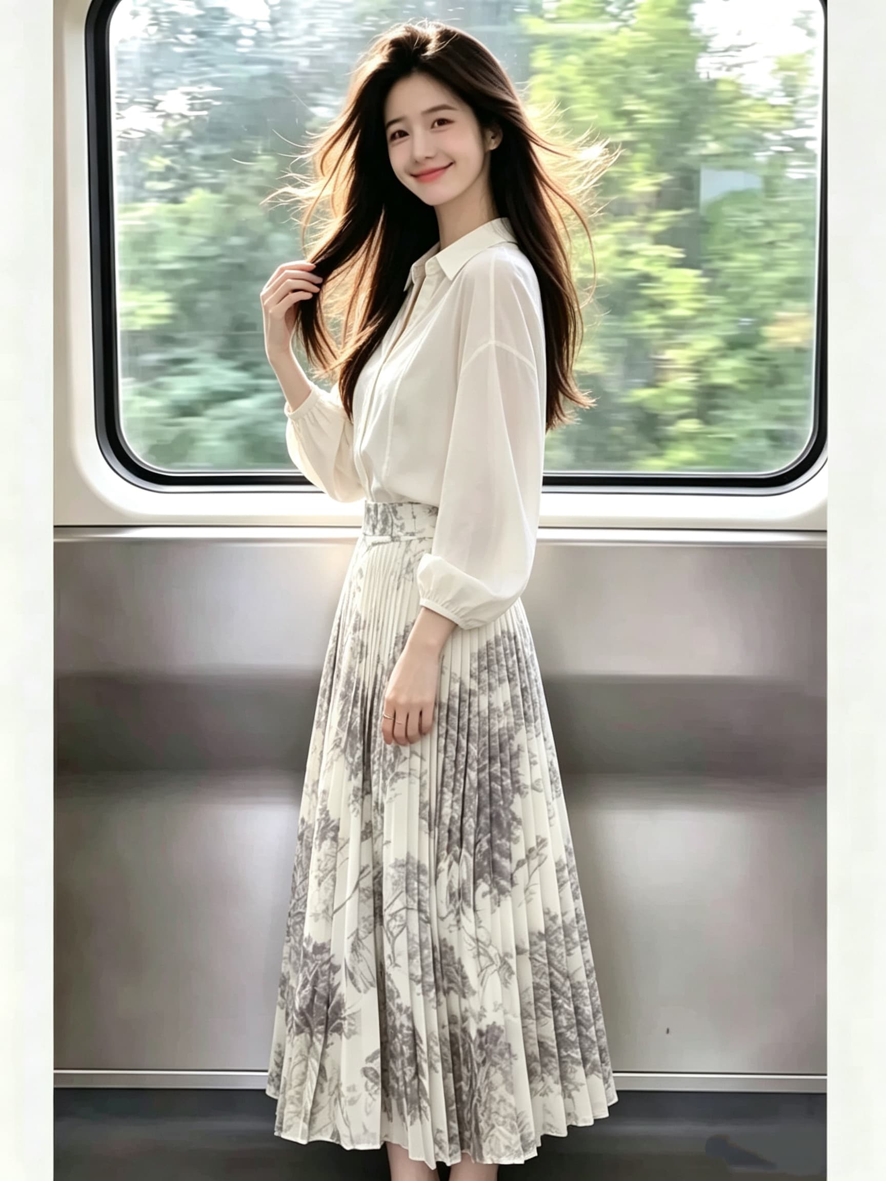 프린트 플리츠 스커트 여성 2026 이른 가을 캐주얼 하이웨이스트 롱 코트 한 마디 슬림해 보이는 빅 플레어 스커트 셔츠 세트 이미지 4