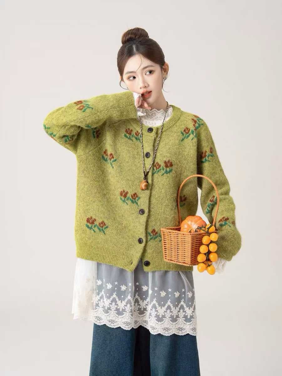 빨간색 전원 바람 꽃 라운드 넥 스웨터 여성 코트 봄 새로운 와이드 부드러운 찹쌀 두꺼운 니트 오픈 가디건 맨위 이미지 4