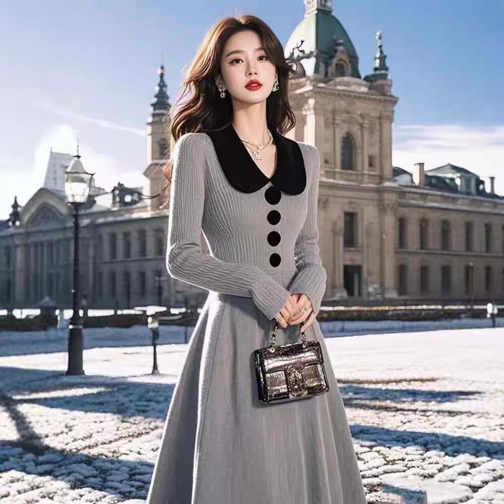 한국 레트로 polo 폴로 칼라 허리 수축 두꺼운 니트 스웨터 드레스 명문 여성 샤오 양 로드 중 무릎 아래 롱 스커트 상세 이미지 3