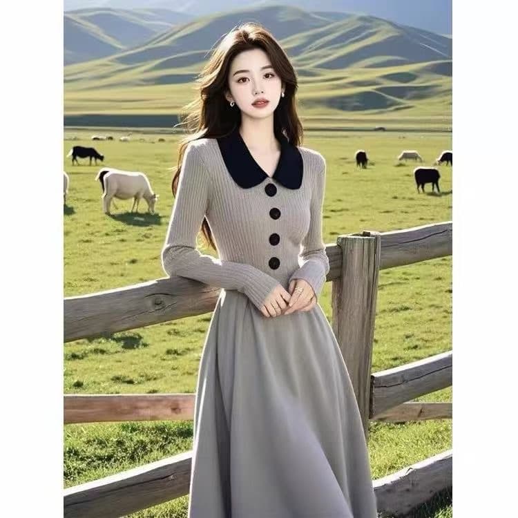 한국 레트로 polo 폴로 칼라 허리 수축 두꺼운 니트 스웨터 드레스 명문 여성 샤오 양 로드 중 무릎 아래 롱 스커트 상세 이미지 7