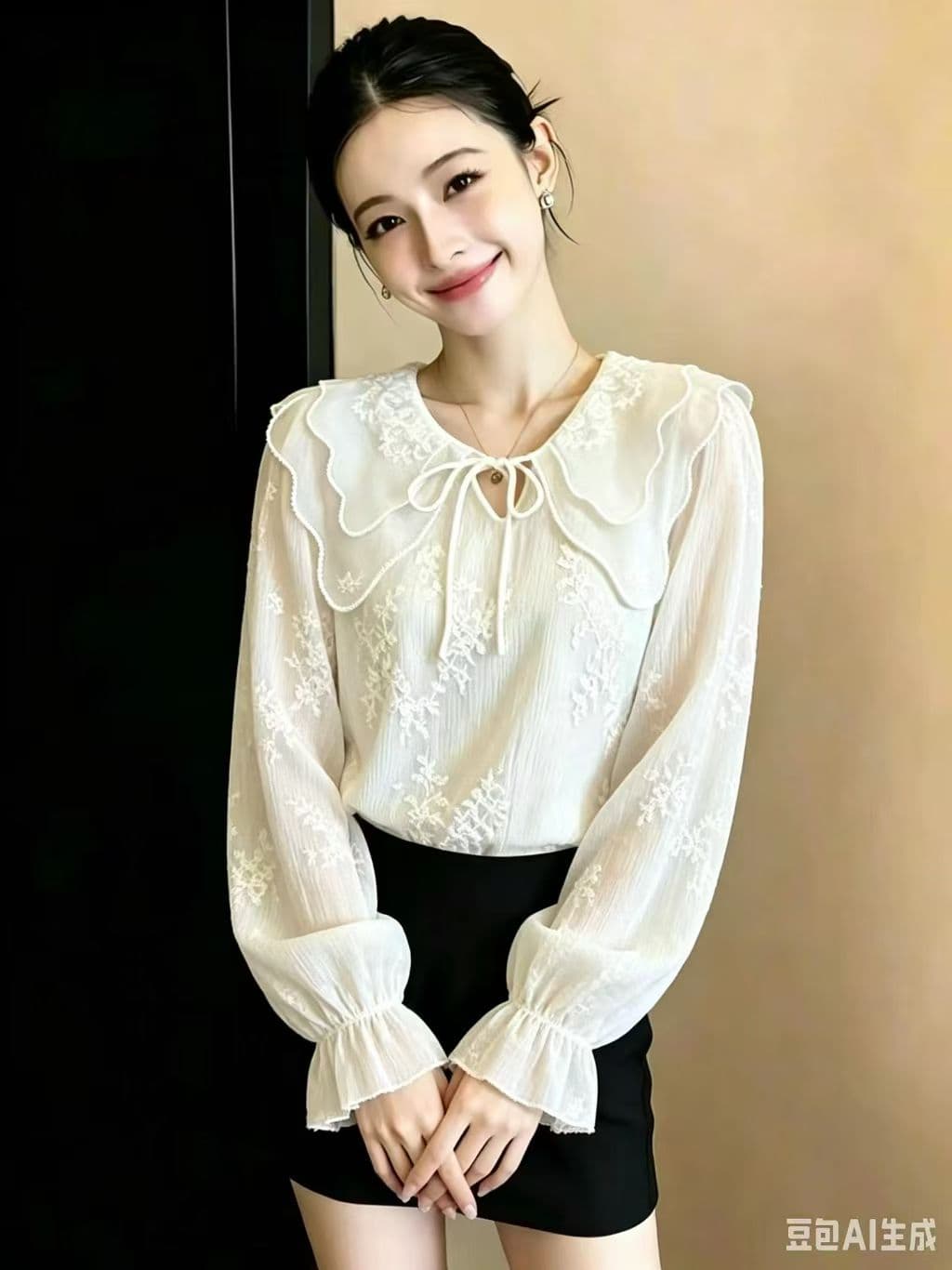 프랑스식 부드러운 바람 베이비 칼라 긴팔 자수 여성 셔츠 2026 년 가을 새로운 레이스업 슬림해 보이는 맨위 이미지 2