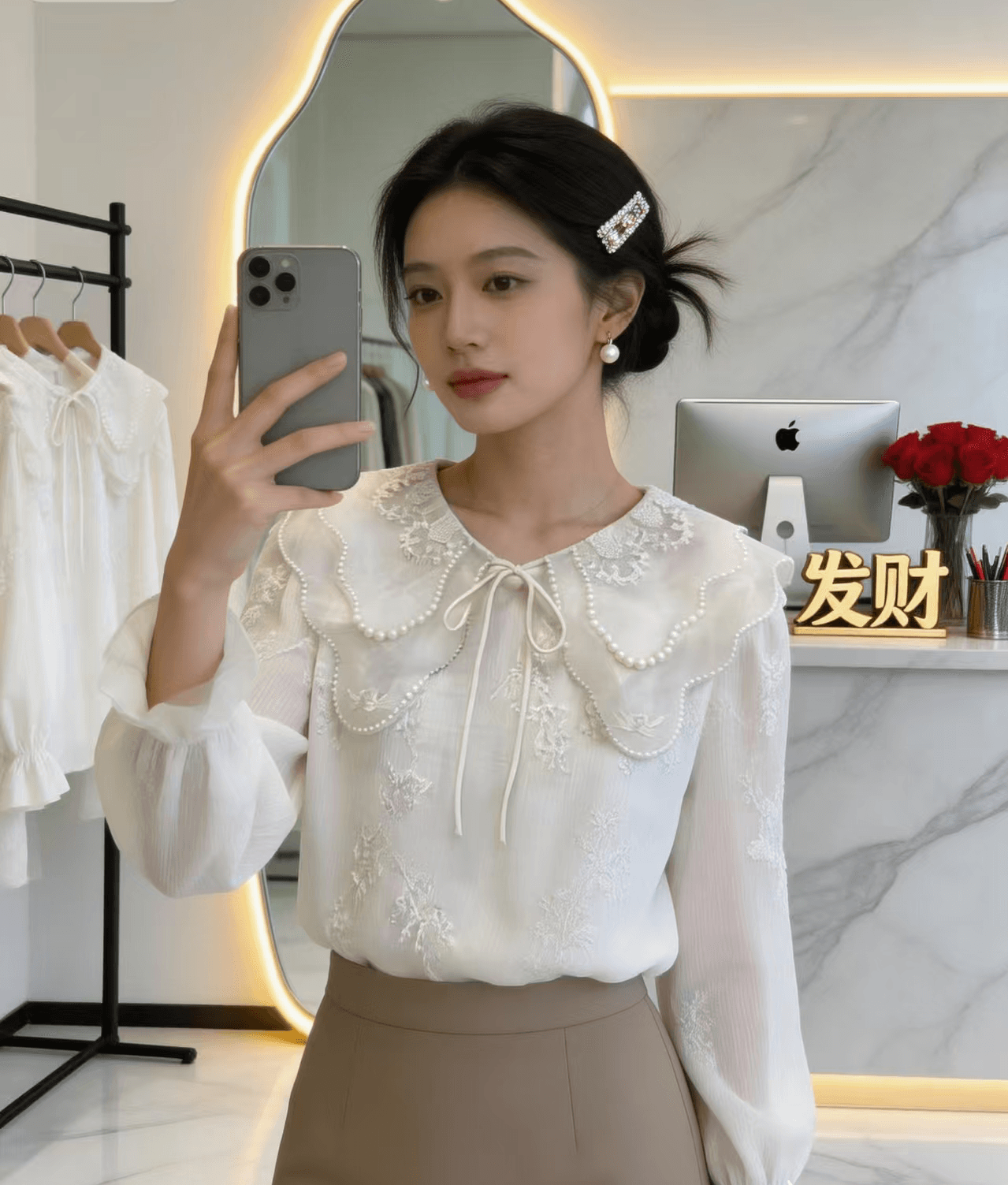프랑스식 부드러운 바람 베이비 칼라 긴팔 자수 여성 셔츠 2026 년 가을 새로운 레이스업 슬림해 보이는 맨위 상세 이미지 5