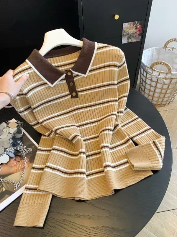 2026 이른 가을 새로운 레트로 배색 스트라이프 POLO 칼라 긴팔 니트 스웨터 여성 출퇴근 다용도 슬림해 보이는 맨위 여성 상세 이미지 6