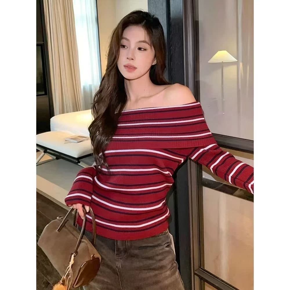 가을 겨울 품격 배색 스트라이프 한 단어 오프숄더 다용도 니트 스웨터 작은 셔츠 긴팔 슬림해 보이는 맨위 이미지 2