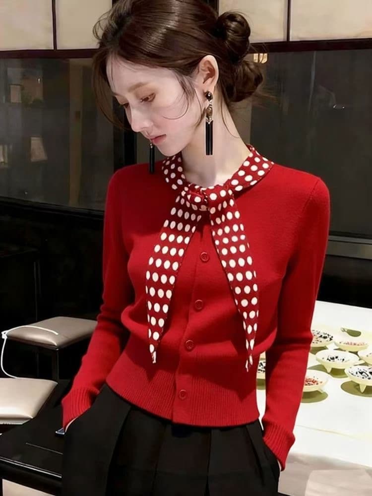 빨간색 도트 무늬 스카프 칼라 스웨터 여자 고유 한 아름다운 크리스마스 신년 겨울 인사이드 가져 가라. 수 있습니다. 외출용 니트 스웨터 맨위