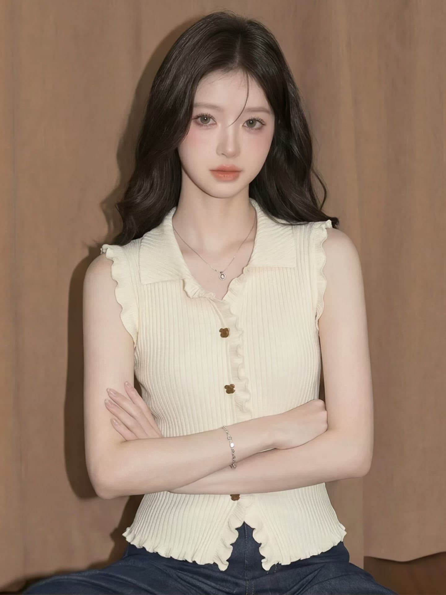 화이트 POLO 칼라 캐미솔 여름 고유 한 아름다운 자이언트 잘 생긴 고급 센스 외출용 해변가 민소매 작은 맨위 상세 이미지 1