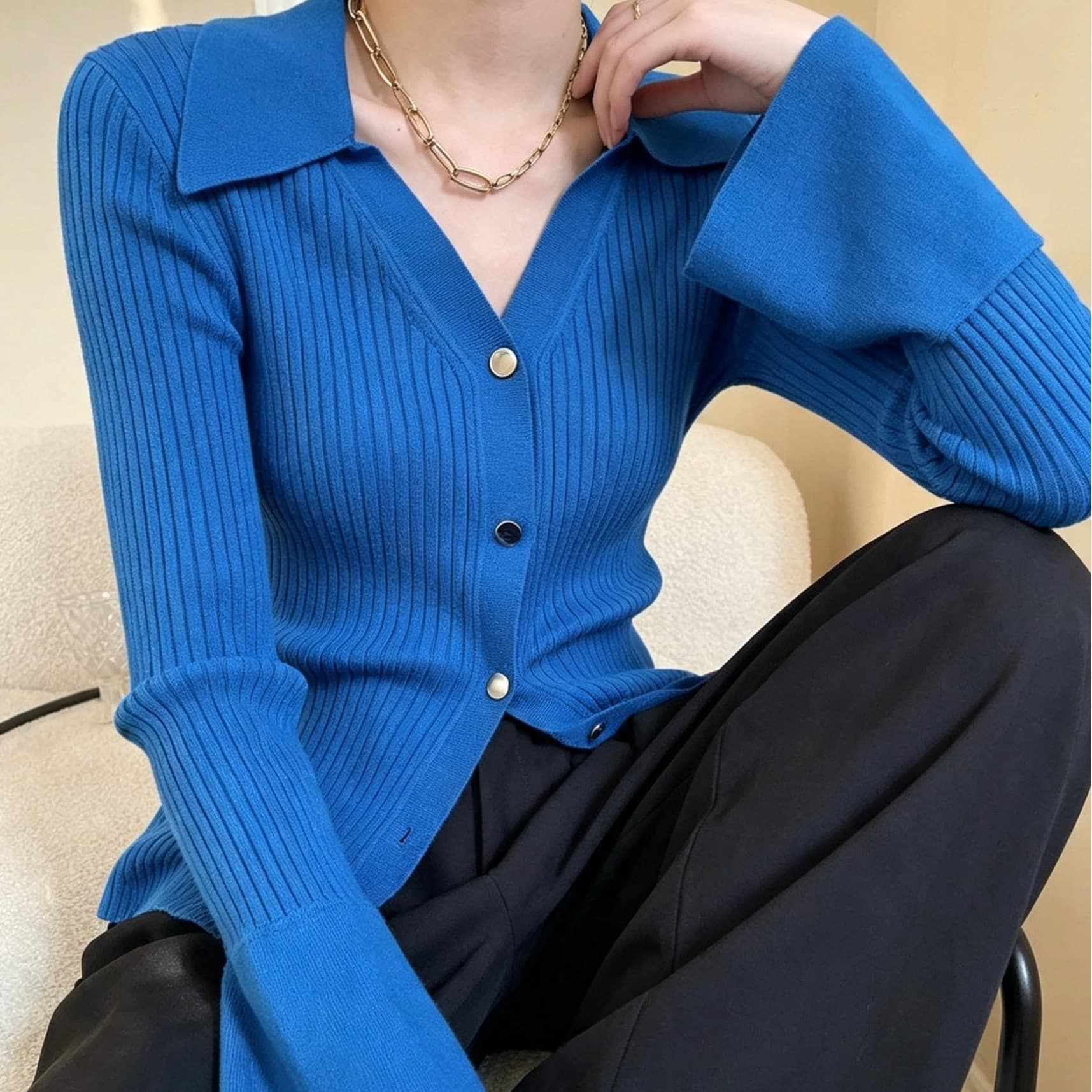 슈퍼 잘 생긴 슬림해 보이는 긍정적 인 어깨 POLO 칼라 니트 스웨터 오픈 가디건 여성 고대 프랑스식 파란색 맨위 기본 셔츠 인사이드 가져 가라. 외출용