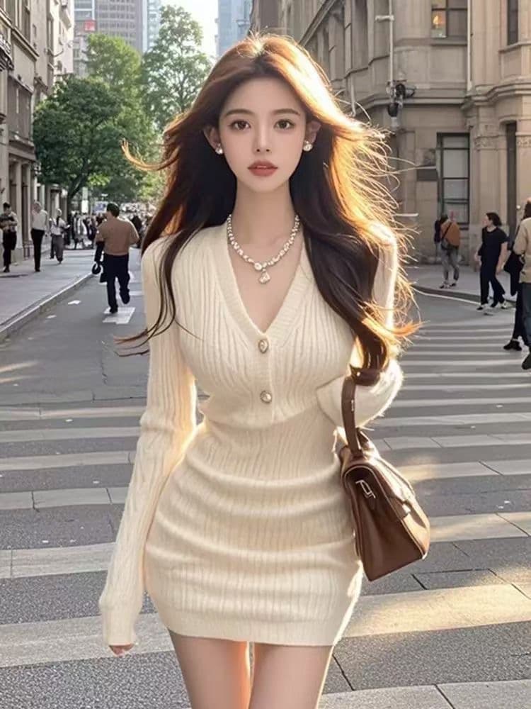 고급 센스 자이언트 잘 생긴 ~ 중 V넥 니트 여성 드레스 가을 겨울 허리 수축 슬림해 보이는 소녀 심장 작은 키 스웨터 드레스 상세 이미지 4