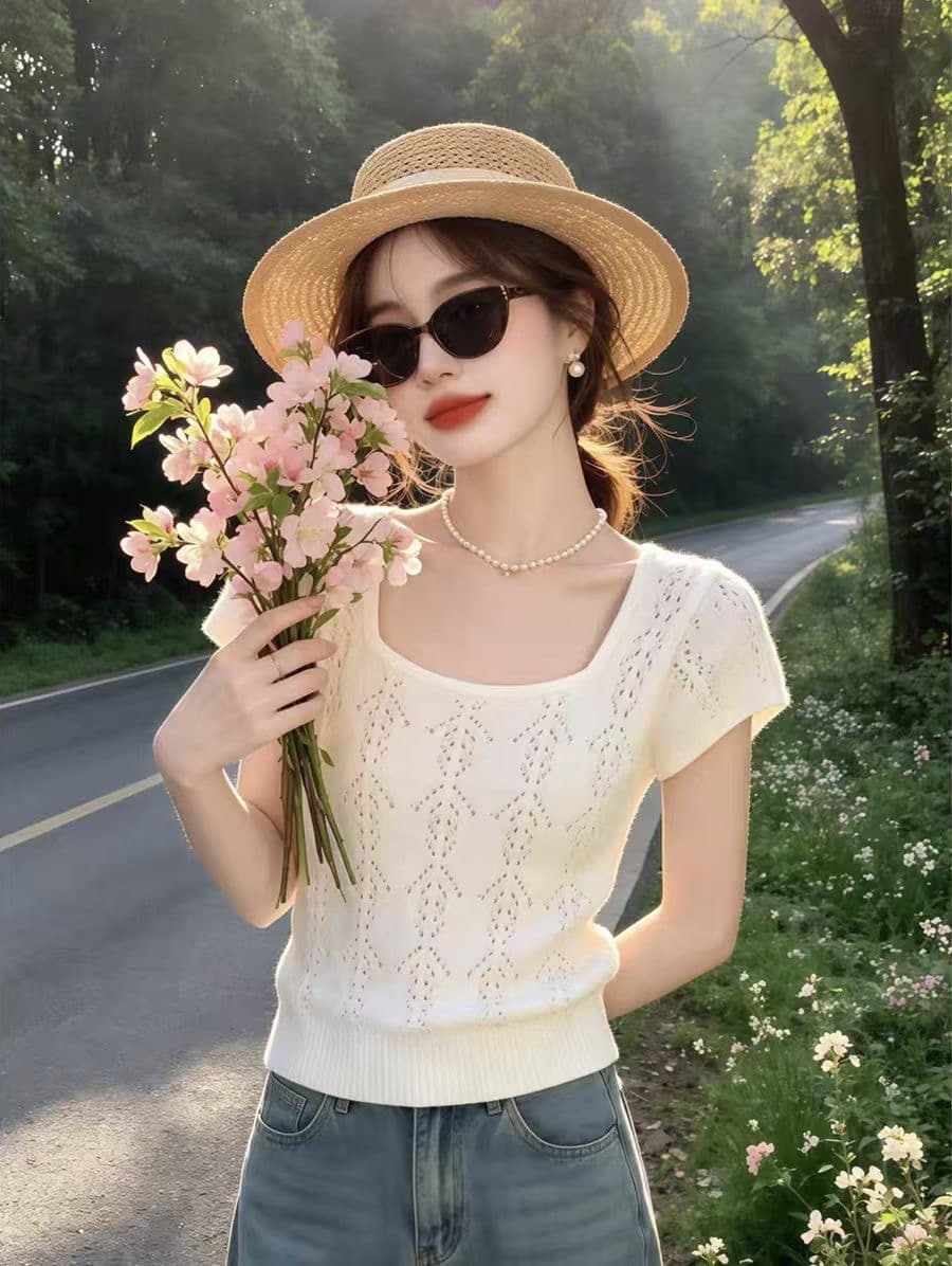 여름 새로운 광장 칼라 홀로우 아웃 얼음 실크 니트 반팔 티셔츠 여성 부드러운 바람 슬림해 보이는 다용도 쇼트 스타일 달콤함 맨위