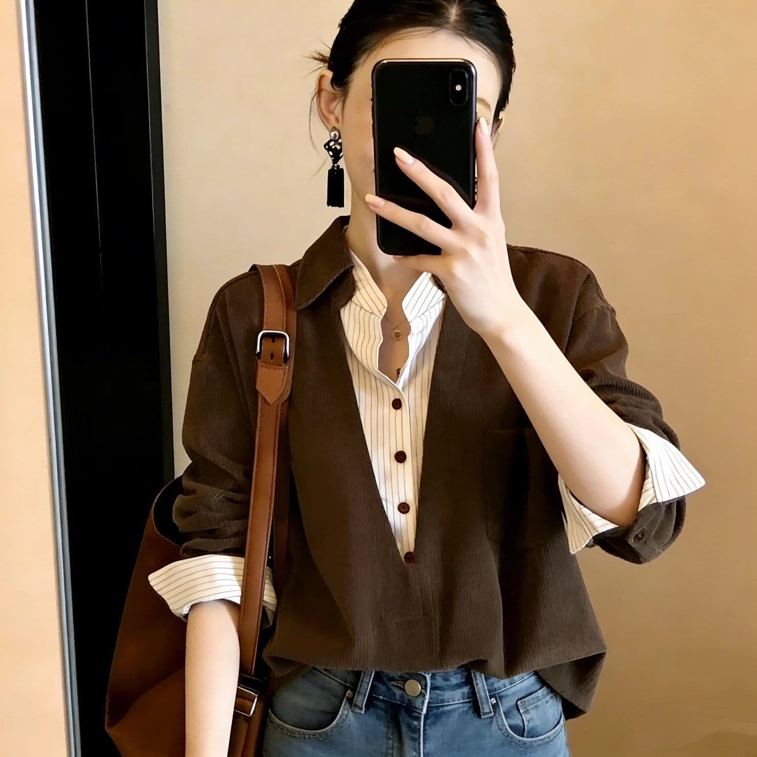 레트로 느긋한 바람 스트라이프 배색 페이크 레이어드 여성 셔츠 봄 새로운 한 부서 패션 품격 슬림해 보이는 맨위 트렌디 상세 이미지 8