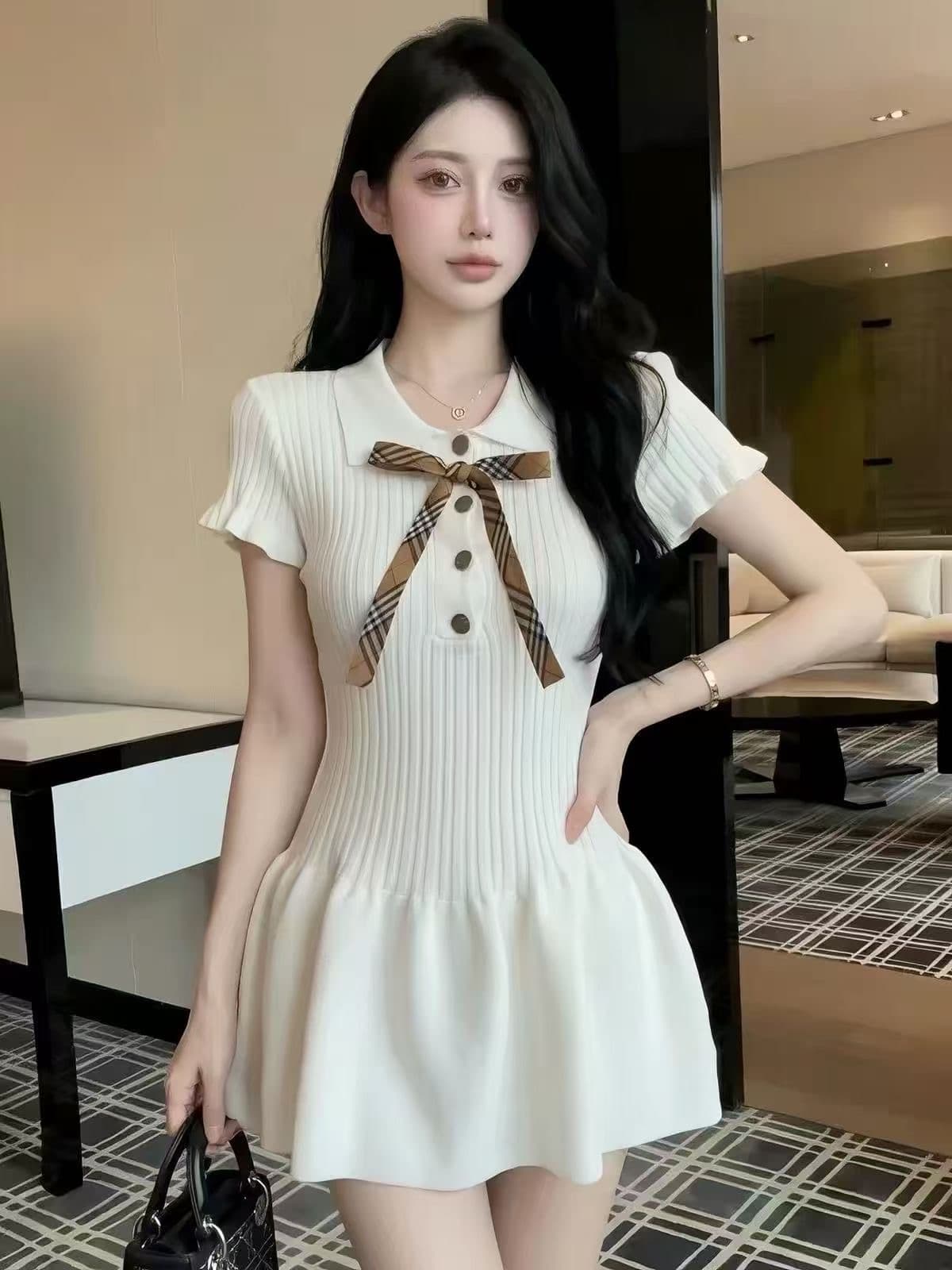 프랑스식 학원 POLO 칼라 니트 반팔 드레스 나비 매듭 몸매 가꾸기 슬림해 보이는 다용도 미니 스커트 상세 이미지 2