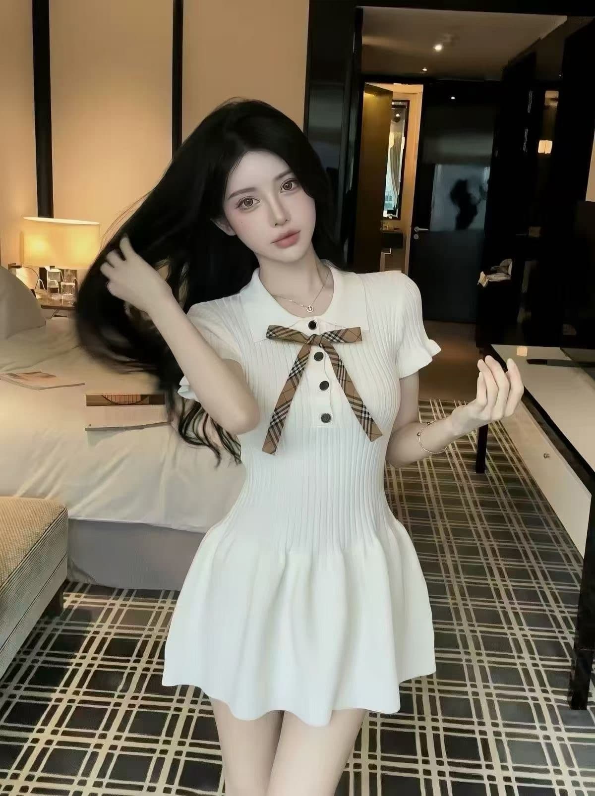 프랑스식 학원 POLO 칼라 니트 반팔 드레스 나비 매듭 몸매 가꾸기 슬림해 보이는 다용도 미니 스커트 상세 이미지 4