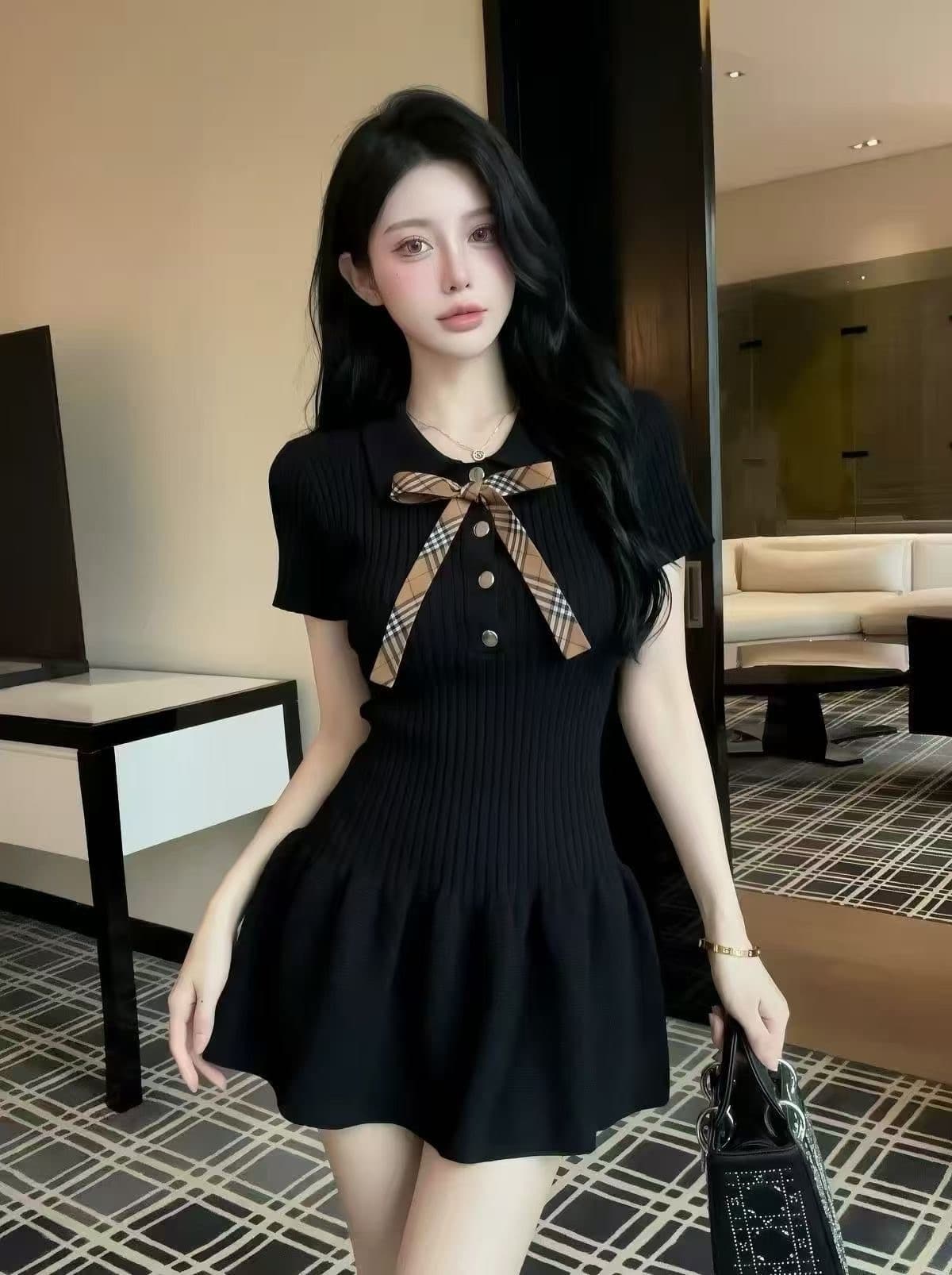 프랑스식 학원 POLO 칼라 니트 반팔 드레스 나비 매듭 몸매 가꾸기 슬림해 보이는 다용도 미니 스커트 상세 이미지 6