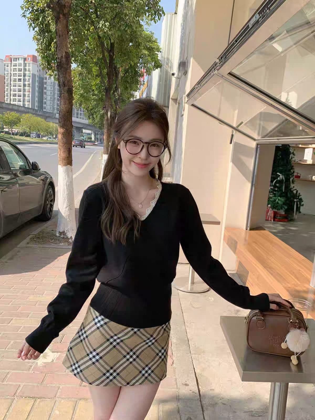 부드러운 바람 V넥 레이스 니트 스웨터 스웨터 여자 봄 가을 Chic 인사이드 가져 가라. 기본 셔츠 작은 키 긴팔 맨위 이미지 2